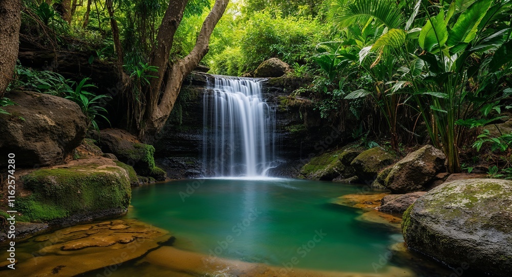 A small but vibrant waterfall tucked away in a green oasis A small but vibrant waterfall tucked away in a green oasis