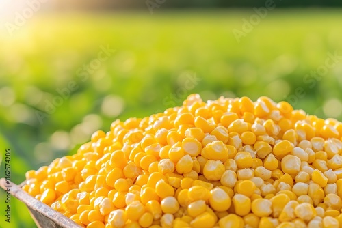 close-up of wheelbarrow filled with freshly picked corn yellow kernels glinting under sunlight with blurred green field photo