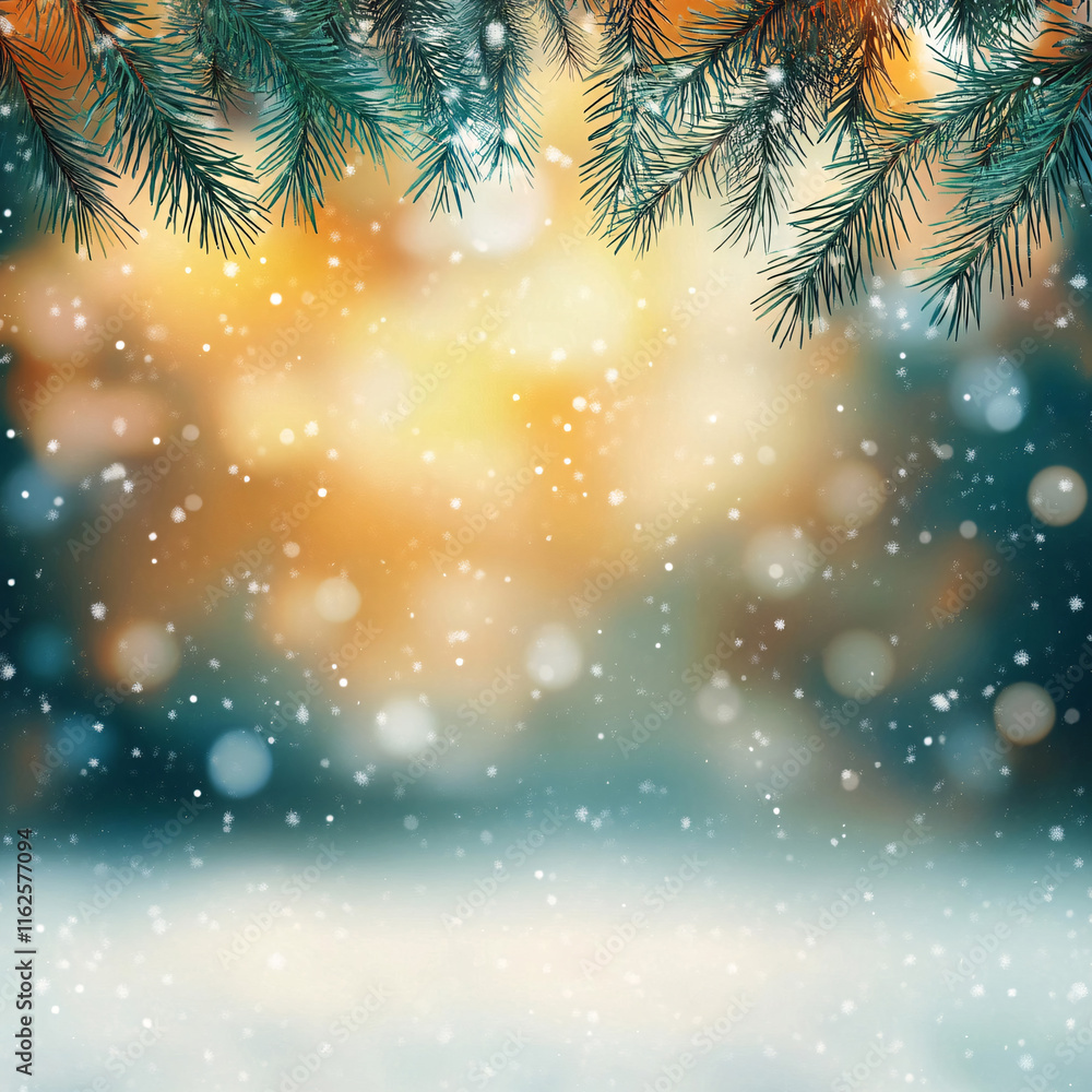 Naklejka premium Experience a winter setting with snowflakes falling against a blue sky. Enjoy the tranquility of this serene landscape 