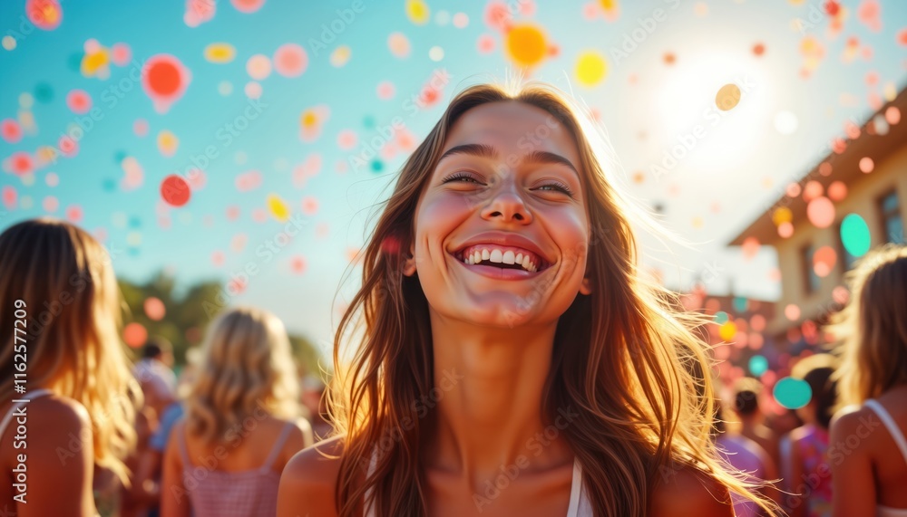Happy young woman enjoys summer festival. Colorful confetti swirls around. People enjoy fun, celebration. Outdoor event with lots of people. Bright sunny day. Positive mood, carefree atmosphere. Happy young woman enjoys summer festival. Colorful confetti swirls around. People enjoy fun, celebration. Outdoor event with lots of people. Bright sunny day. Positive mood, carefree atmosphere.