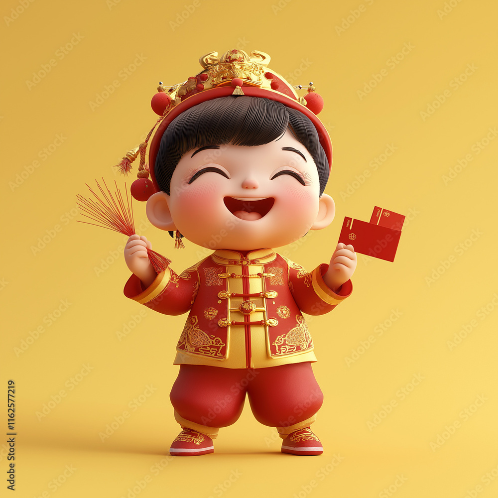 Joyful Child in Festive Red Chinese Attire, Cheerful 3D Render Joyful Child in Festive Red Chinese Attire, Cheerful 3D Render