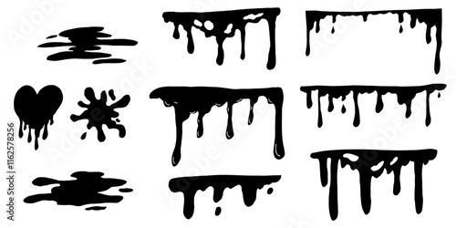 Paint drip splatter, liquid stain fluid ink droplet. Graffiti splash black melt. Paint flows, melt spray border. 