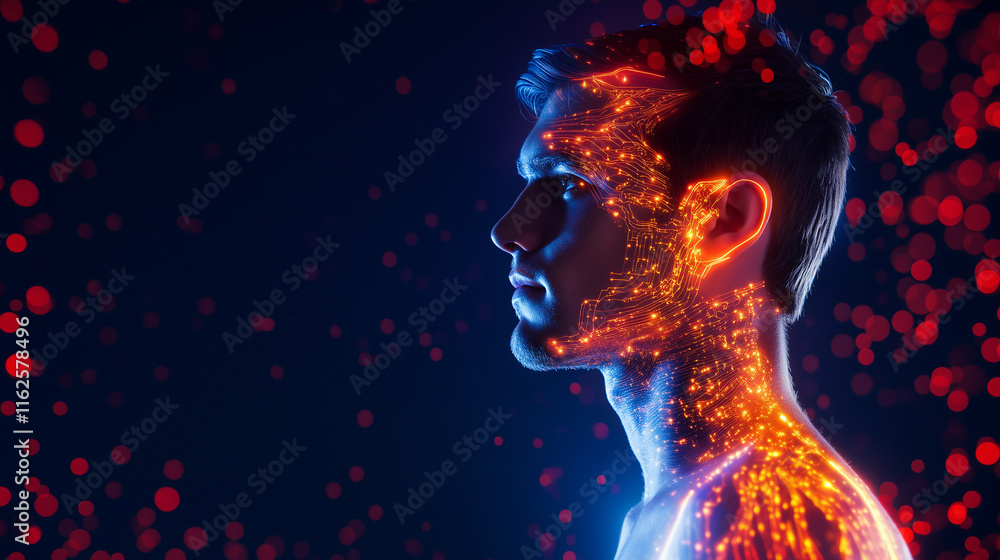 A hyper-realistic side profile of a human with intricate glowing circuits mapped across the skin, showcasing the concept of AI taking human form. Ideal for technological evolution, A hyper-realistic side profile of a human with intricate glowing circuits mapped across the skin, showcasing the concept of AI taking human form. Ideal for technological evolution,