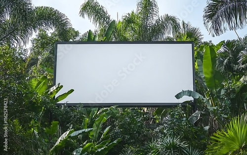 Blank billboard surrounded by lush tropical foliage. (1) photo