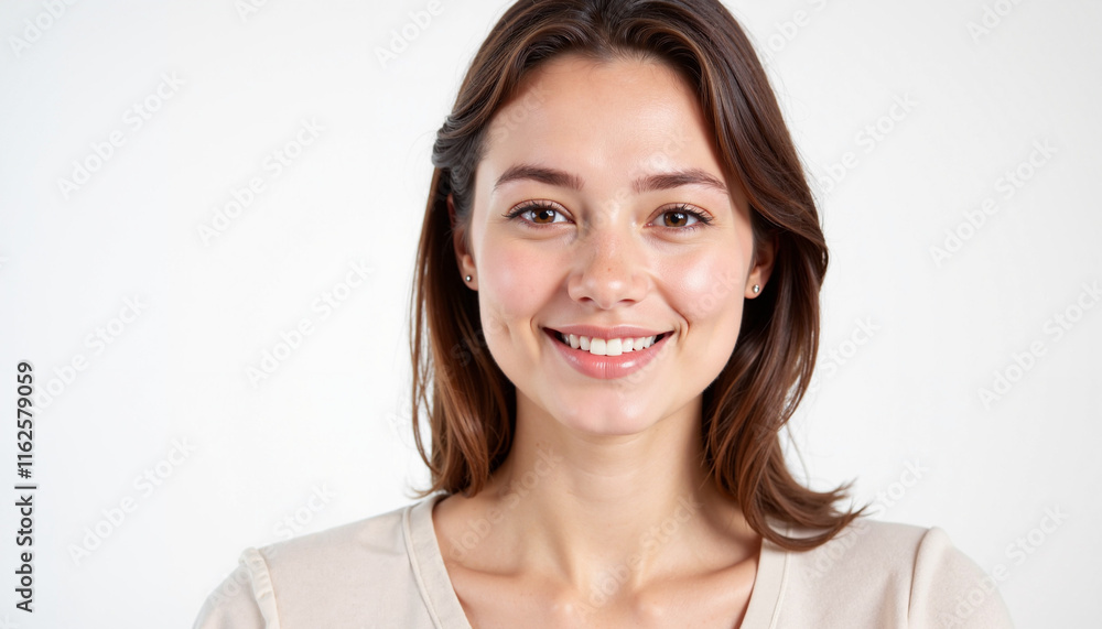 Cheerful young woman with a genuine smile and casual outfit on a white background with copy space Cheerful young woman with a genuine smile and casual outfit on a white background with copy space