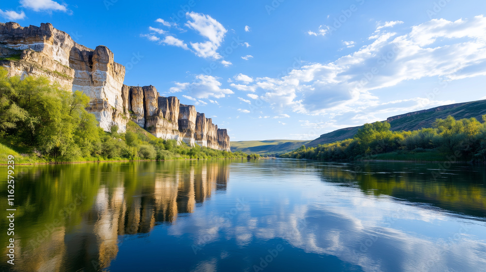 The Timeless Beauty of Aiskiye Pritesi A panoramic shot of the legendary Aiskiye Pritesi cliffs rising dramatically above the tranquil River Ai, capturing the essence of the Ural m The Timeless Beauty of Aiskiye Pritesi A panoramic shot of the legendary Aiskiye Pritesi cliffs rising dramatically above the tranquil River Ai, capturing the essence of the Ural m