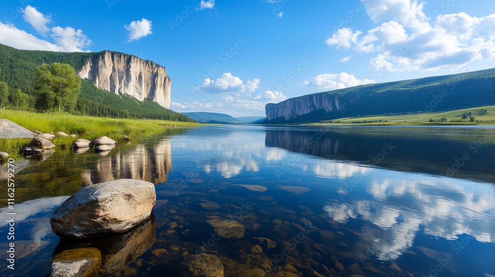 Obraz premium The Timeless Beauty of Aiskiye Pritesi A panoramic shot of the legendary Aiskiye Pritesi cliffs rising dramatically above the tranquil River Ai, capturing the essence of the Ural m