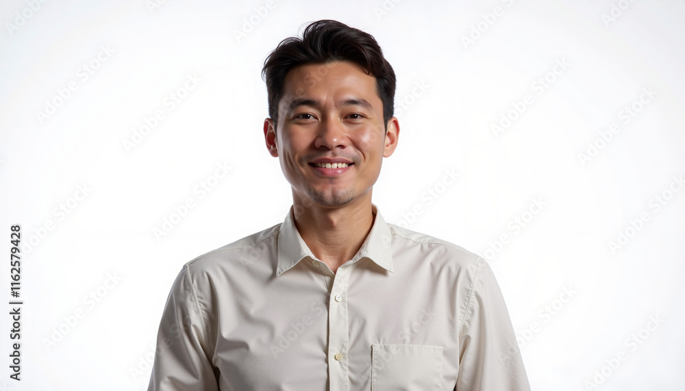 Smiling Asian man in a light button-up shirt with a friendly expression on a white background with copy space Smiling Asian man in a light button-up shirt with a friendly expression on a white background with copy space