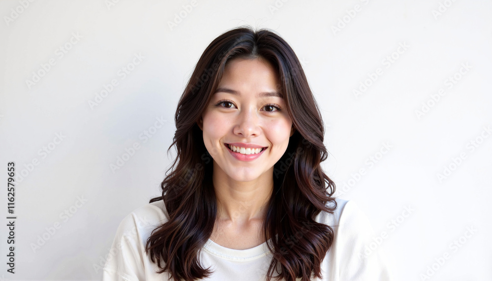 Cheerful young woman with wavy hair and a bright smile on a light background with copy space Cheerful young woman with wavy hair and a bright smile on a light background with copy space