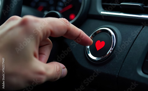 Pressing a button with a red heart in a car. Symbol of love and romance on Valentine's Day. Modern concept of communication and expression of feelings through technology. photo