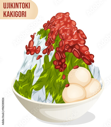 Japanese Matcha Shaved Ice Dessert with Uji Green Tea Syrup, Dango and Ogura-an (Red Bean Paste) Toppings. Ujikintoki Kakigori Bowl Isolated