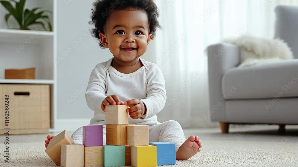 A joyful black baby engages in playful activity by stacking colorful blocks in a cozy living room, showcasing creativity and focus A joyful black baby engages in playful activity by stacking colorful blocks in a cozy living room, showcasing creativity and focus