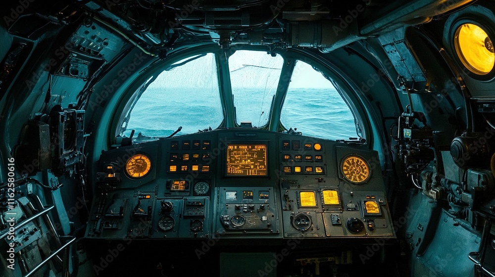 Obraz premium Inside a vintage military aircraft cockpit with a view of the sea. Dark, complex control panel with many gauges and screens. Foggy or rainy day view.