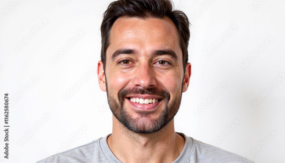 Smiling young man with a beard in a grey t-shirt on a light background with copy space Smiling young man with a beard in a grey t-shirt on a light background with copy space