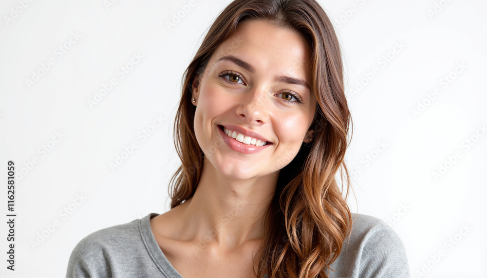 Smiling young woman with long wavy hair in a grey sweater on a light background with copy space Smiling young woman with long wavy hair in a grey sweater on a light background with copy space