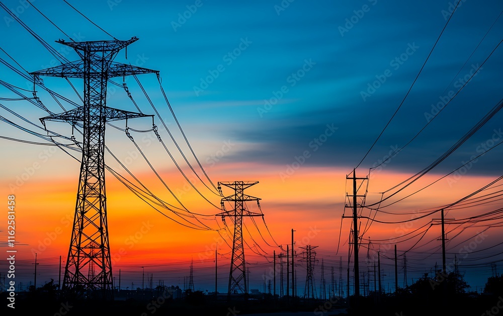 Fototapeta premium Silhouetted high-voltage power lines at sunset. (1)