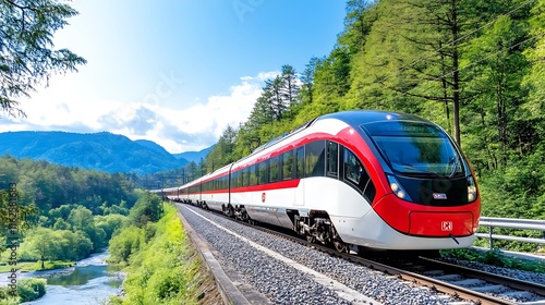 Modern High Speed Train on Scenic Mountain Railway Track