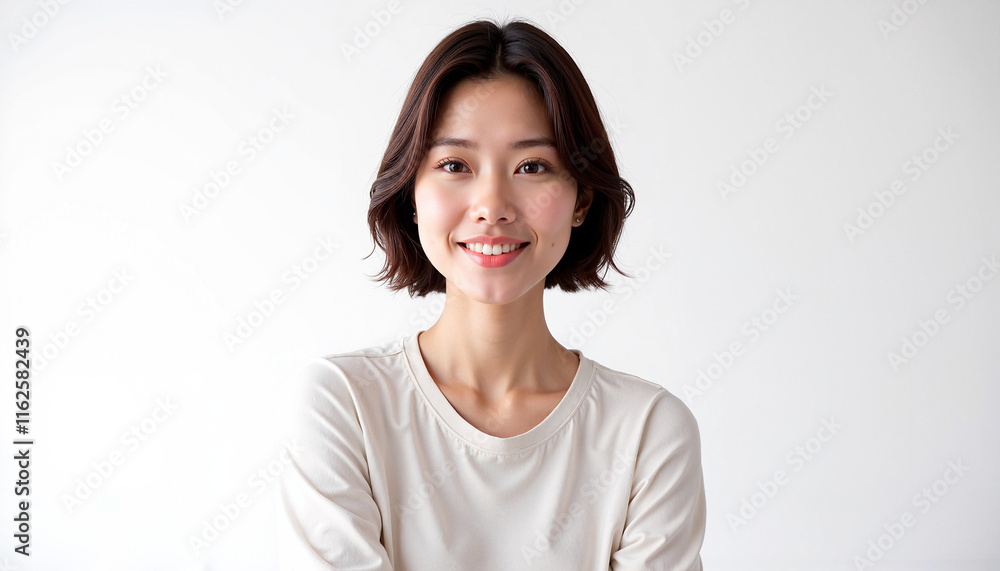 Confident young Asian woman with a warm smile posing cheerfully in a light beige top against a plain background with copy space Confident young Asian woman with a warm smile posing cheerfully in a light beige top against a plain background with copy space