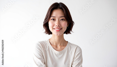 Confident young Asian woman with a warm smile posing cheerfully in a light beige top against a plain background with copy space