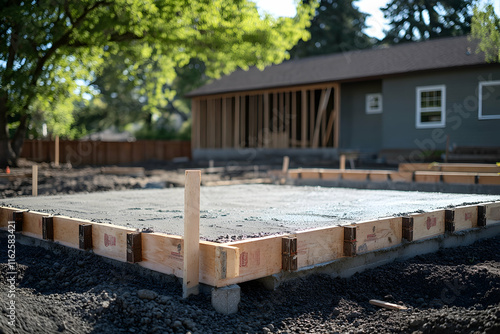 Newly poured concrete slab foundation for a house with wooden formwork in daylight