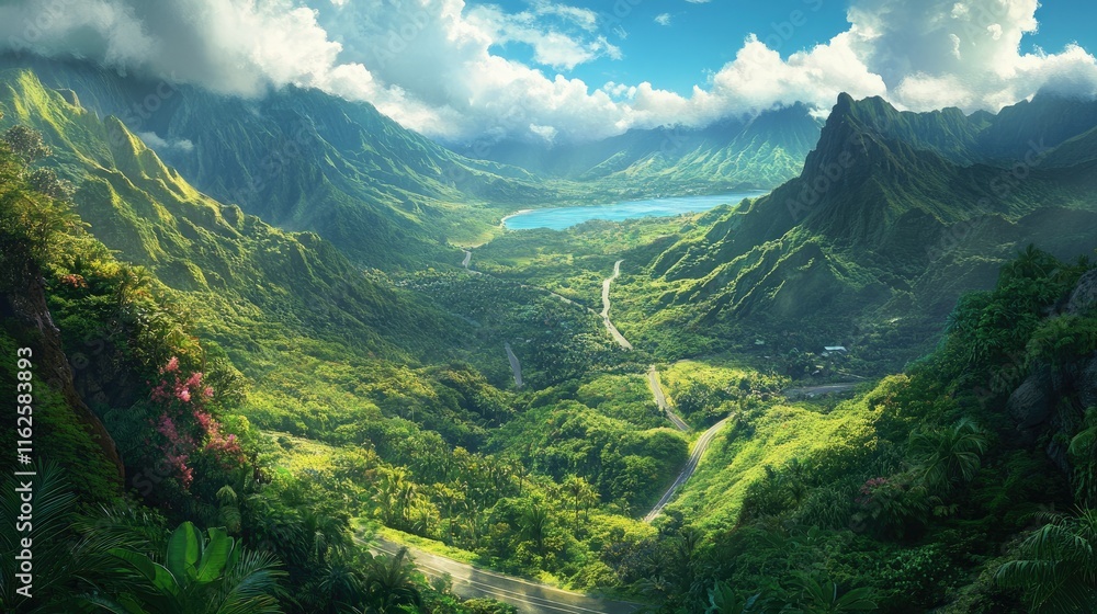 Majestic valley with a long road running through its center, bordered by lush vegetation Majestic valley with a long road running through its center, bordered by lush vegetation