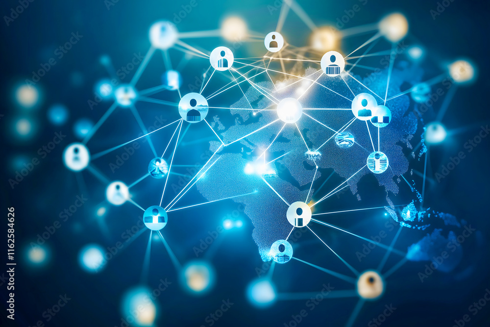A digital illustration shows interconnected network nodes over a world map, symbolizing global communication and collaboration between individuals and entities A digital illustration shows interconnected network nodes over a world map, symbolizing global communication and collaboration between individuals and entities