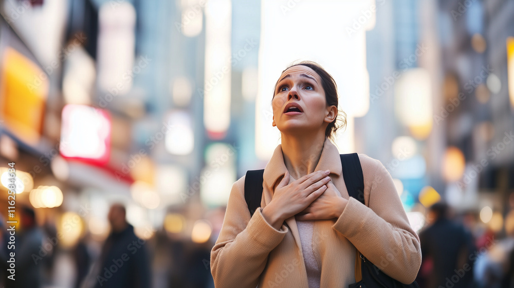 Obraz premium A frightened woman clutching her chest in a crowded city setting, visually representing the intensity of panic disorder and the overwhelming energy of urban life woman, panic disor