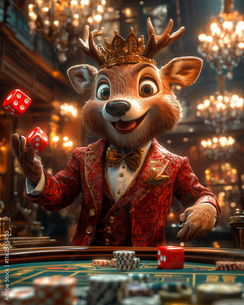 A well-dressed anthropomorphic elk wearing a red suit and a golden crown is standing at a casino table. He is enthusiastically throwing red dice, smiling widely. A well-dressed anthropomorphic elk wearing a red suit and a golden crown is standing at a casino table. He is enthusiastically throwing red dice, smiling widely.