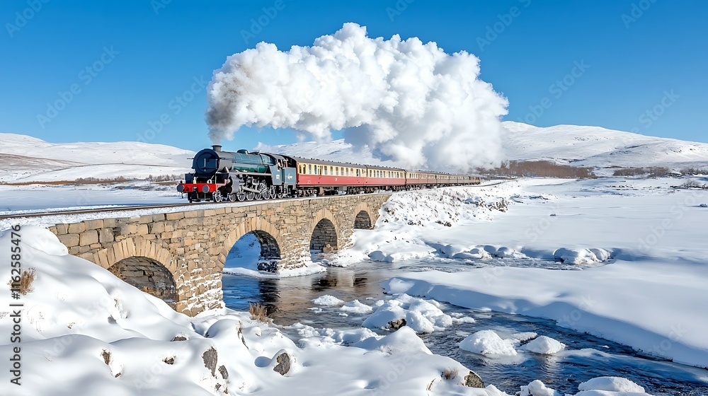 Naklejka premium Steam Train on Snow Covered Bridge in Winter Landscape