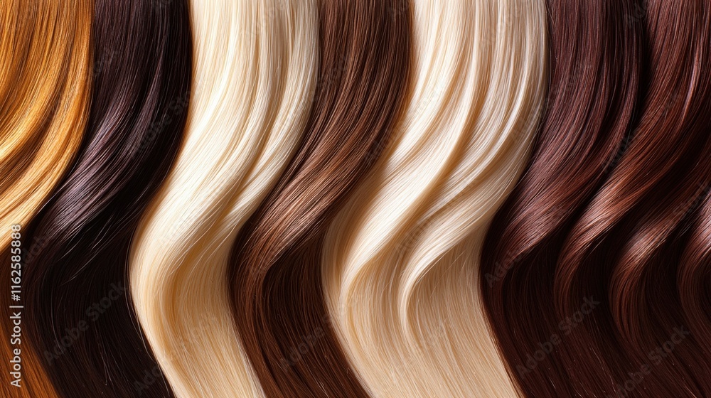 Fototapeta premium Variety of Hair Colors Display Hair Salon Product Showcase Bright Environment Close-Up View Beauty Trends