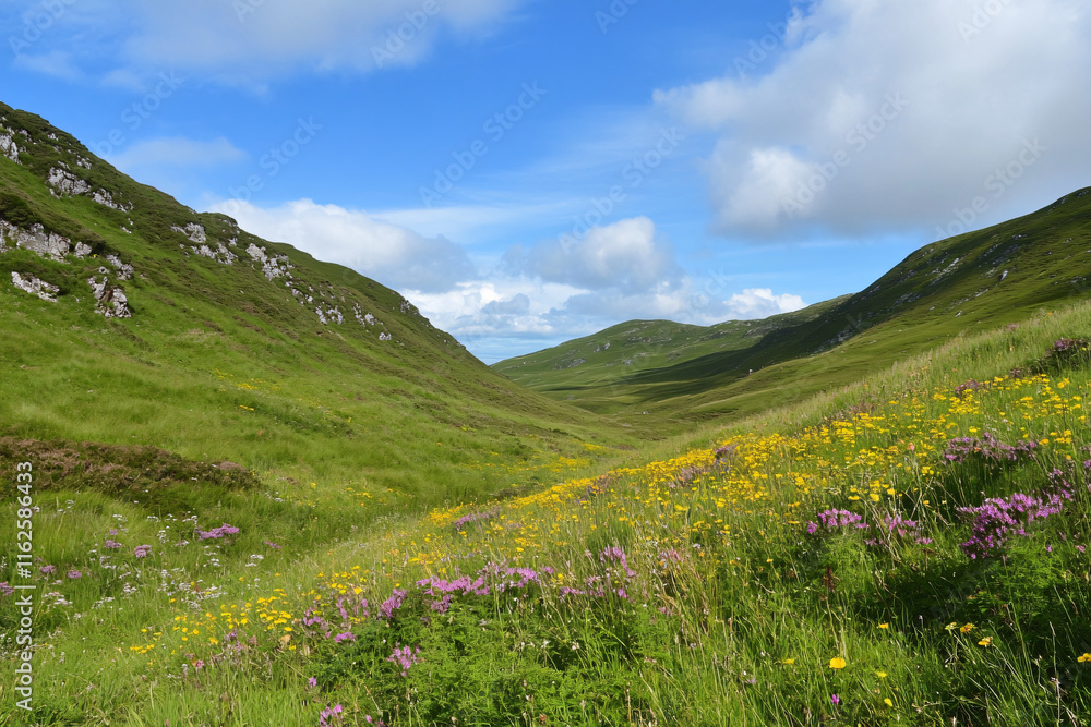 Lush green hills dotted with wildflowers under bright blue sky create serene landscape. vibrant colors of flowers contrast beautifully with greenery Lush green hills dotted with wildflowers under bright blue sky create serene landscape. vibrant colors of flowers contrast beautifully with greenery
