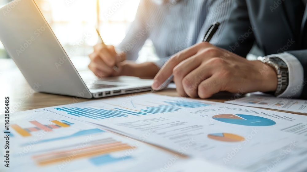 Businesspeople reviewing financial data and charts together Businesspeople reviewing financial data and charts together