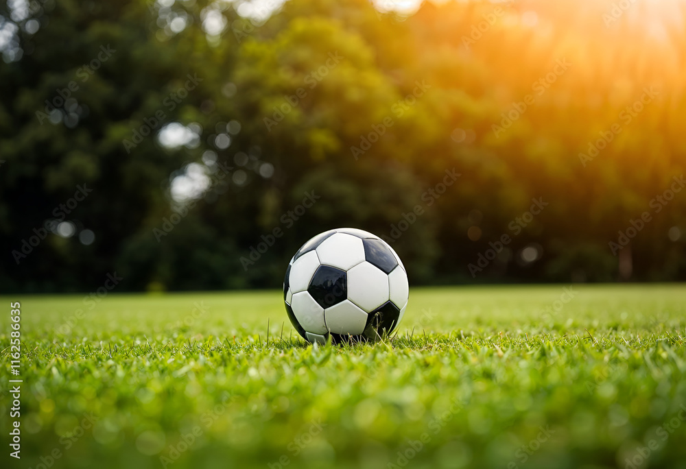 Fototapeta premium A classic black and white soccer ball rests on a vibrant green grass field. The background is softly blurred, showcasing a sunny day and lush trees.