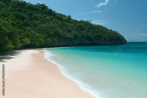 picturesque beach with soft white sand and turquoise water, surrounded by lush greenery and serene atmosphere, perfect for relaxation and enjoyment