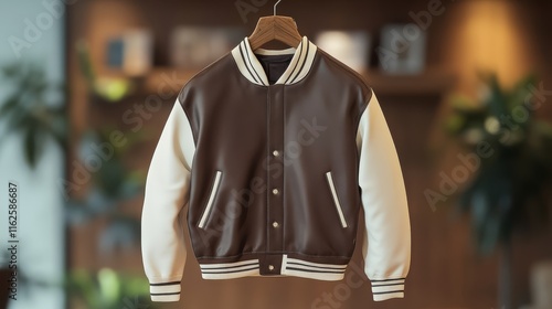 A stylish brown and white varsity jacket displayed on a wooden hanger, set against a softly lit background with greenery. photo