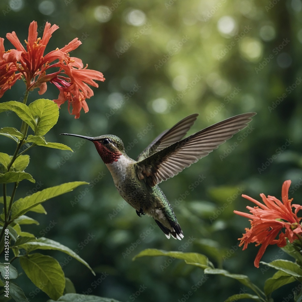 Fototapeta premium A hummingbird hovering near a flower in a lush green forest.