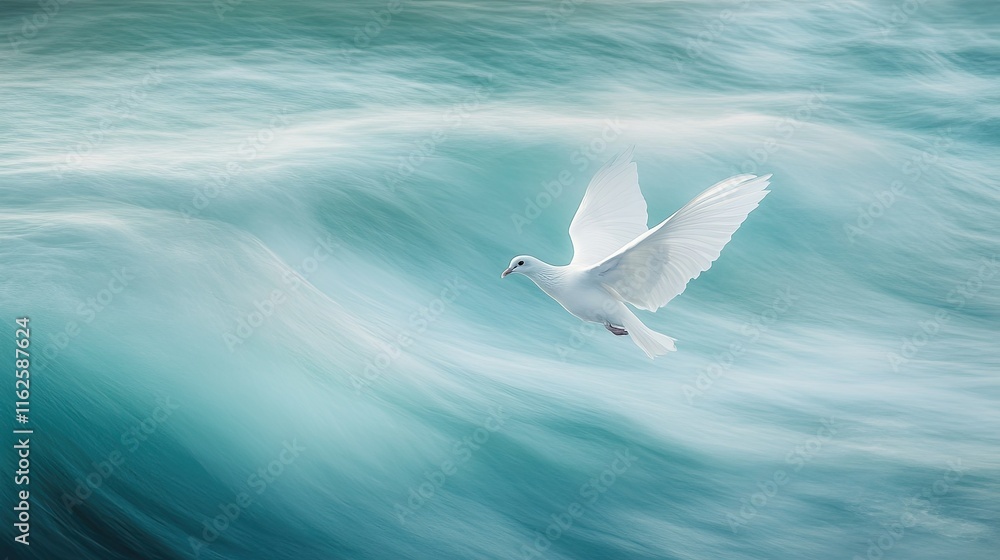 Pure white dove in flight over a tranquil ocean, with soft waves creating a harmonious backdrop Pure white dove in flight over a tranquil ocean, with soft waves creating a harmonious backdrop