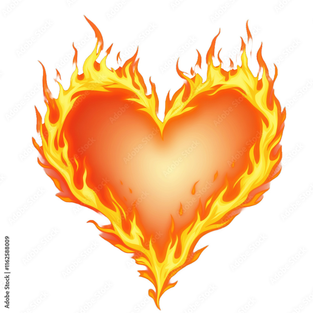 Fire-Shaped Heart Burning with Bright Orange Flames Isolated on a White Background Fire-Shaped Heart Burning with Bright Orange Flames Isolated on a White Background