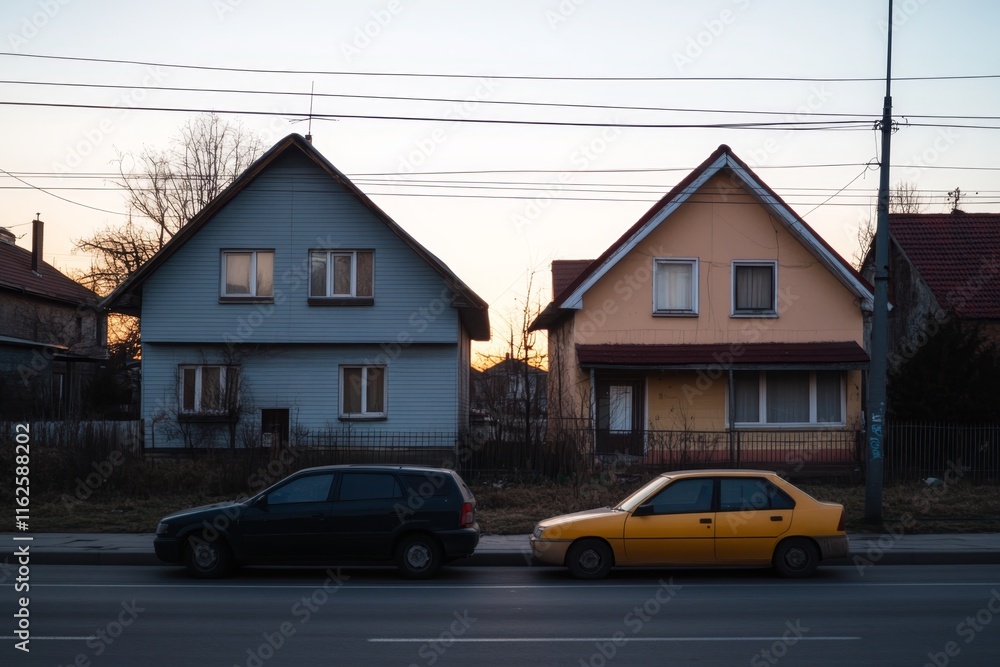 Fototapeta premium Bright evening light highlights two contrasting houses along a quiet street in a suburban neighborhood