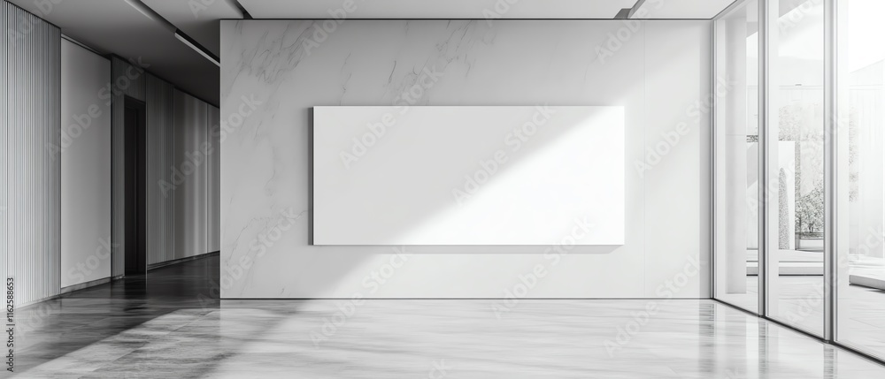 A detailed 3D mockup of a large blank advertising billboard on a clean subway wall, featuring minimalistic design and polished surfaces A detailed 3D mockup of a large blank advertising billboard on a clean subway wall, featuring minimalistic design and polished surfaces