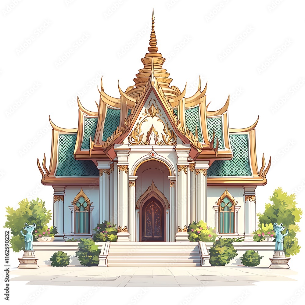 A vibrant illustration of a traditional Thai temple, showcasing intricate architectural details and lush landscaping. A vibrant illustration of a traditional Thai temple, showcasing intricate architectural details and lush landscaping.