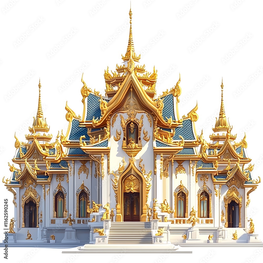 Fototapeta premium Magnificent Golden and White Thai Temple Isolated on White Background.