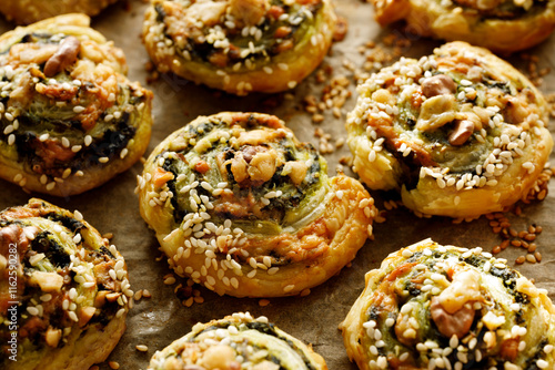 Spinach and cheese puff pastry pinwheels sprinkled with nuts and sesame seeds, focus on the middle, top view. A delicious snack perfect for parties