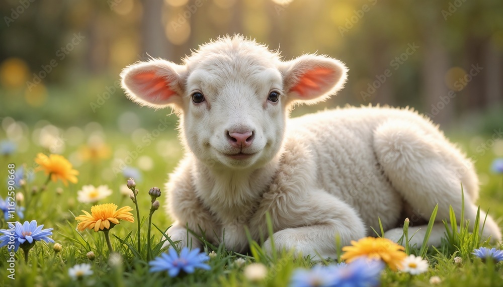 Fototapeta premium Cute lamb lying in a field of colorful flowers with a happy expression in sunlight