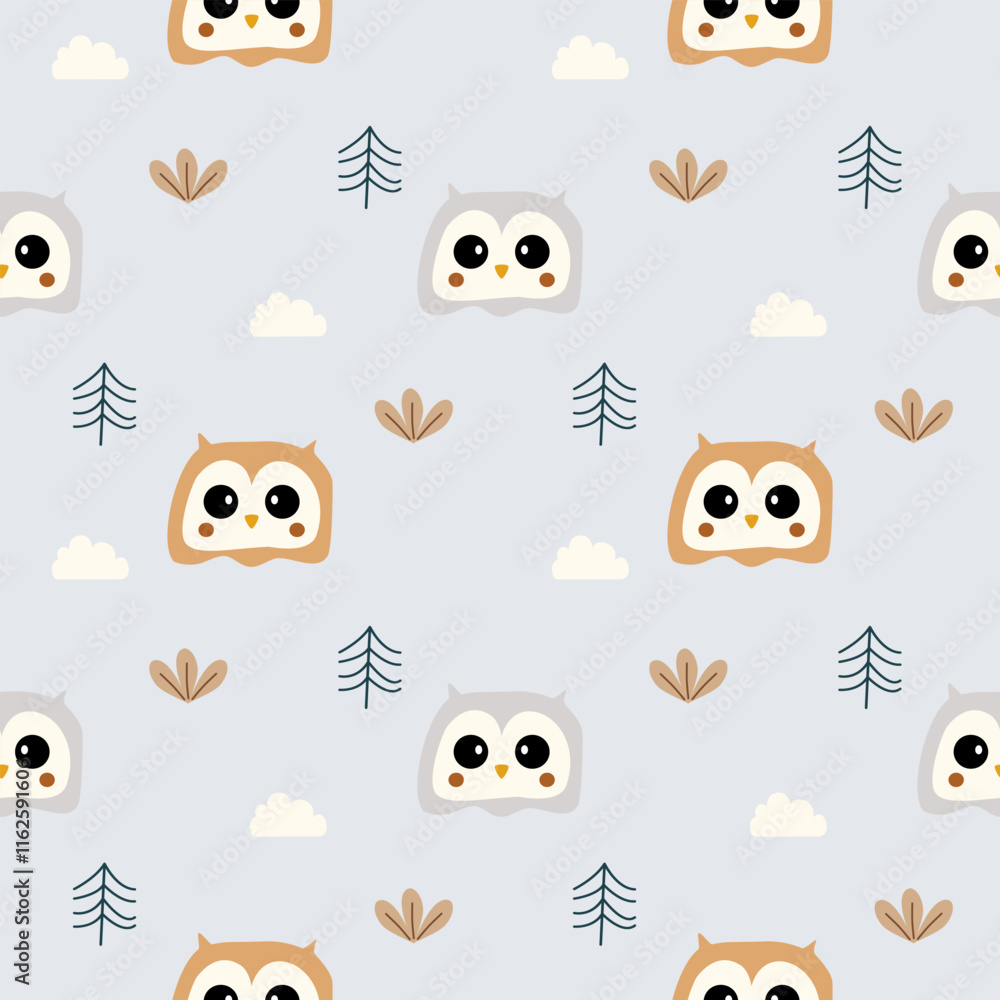 Obraz premium Face owl cartoon so cute. On tree grass cloud background. Pattern seamless vector illustration. 