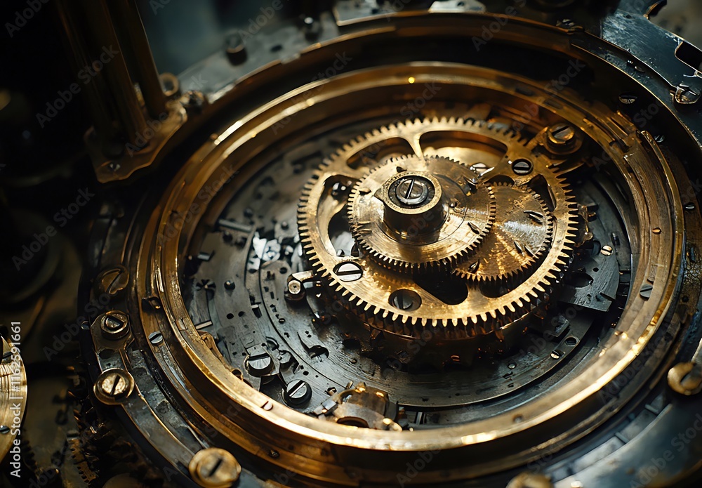 Close-up of intricate golden gears and mechanisms in antique clockwork. Close-up of intricate golden gears and mechanisms in antique clockwork.
