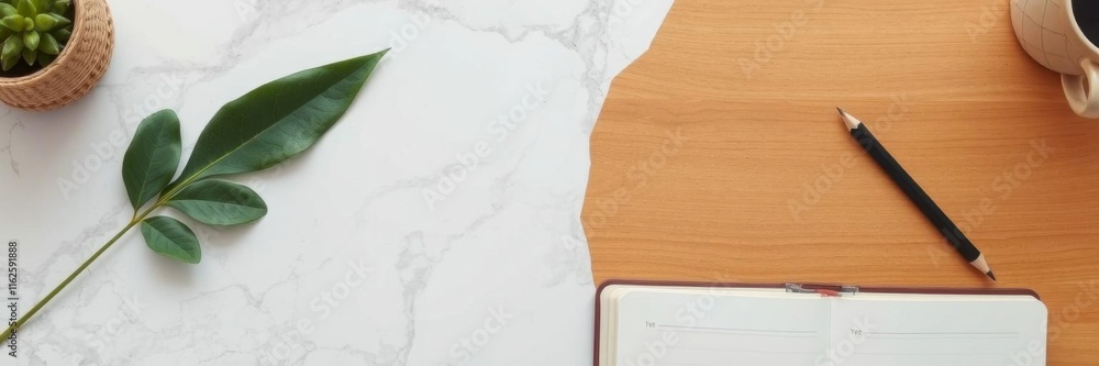Workspace setup with a black notebook, an open blank notebook, a pencil, and a brown leaf placed on a stylish white marble table, marble, white, pencil