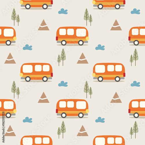 Orange bus cartoon so cute. On mountain tree cloud background. Pattern seamless vector illustration. 