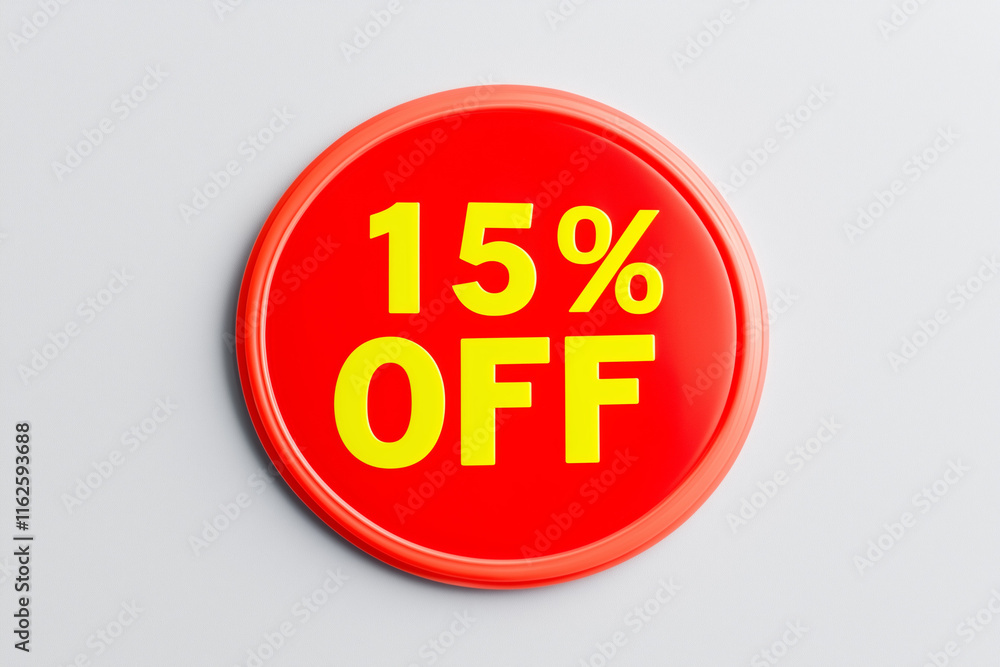 Bright Red 15% OFF Sticker circular pin with Bold Yellow Text on White Background Bright Red 15% OFF Sticker circular pin with Bold Yellow Text on White Background
