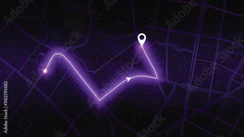 purple neon GPS road map of Bogota with the arrow that moves to the point of destination